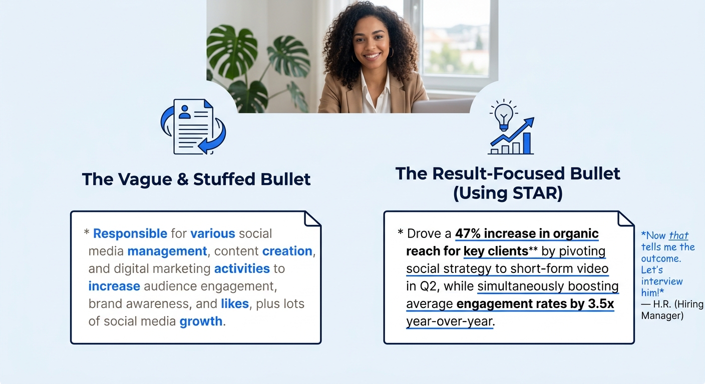 A side-by-side comparison of two resume bullet points — one keyword-stuffed and vague with highlighted redundant terms, the other keyword-aware but results-focused with a measurable outcome underlined