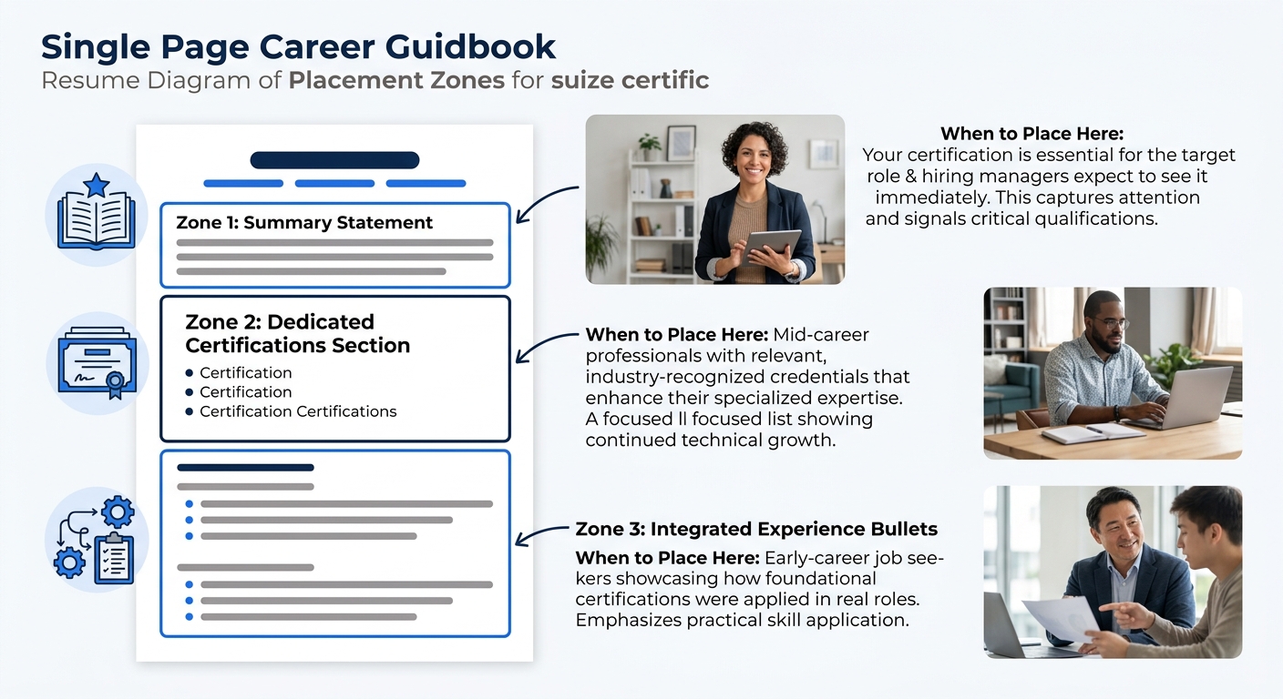 A resume layout diagram showing three placement zones for certifications on a single page resume, with the summary statement zone at top, a dedicated certifications section in the middle, and integrat