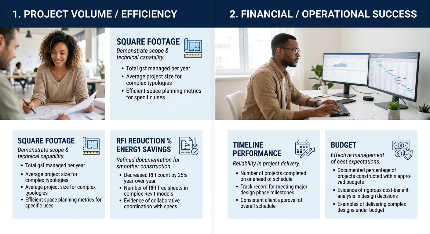 Infographic showing 6 categories of quantifiable metrics for architects arranged in a grid, with example bullet points for each: square footage, budget, RFI reduction percentage, energy savings, team