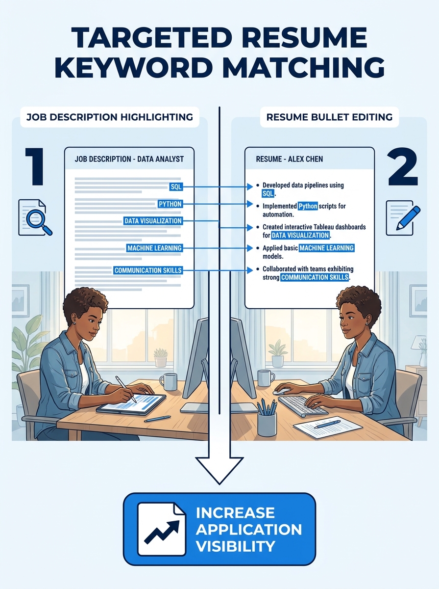 A split-screen illustration showing a person manually highlighting keywords in a job description on the left, and editing resume bullets on the right, with color-coded keyword matches between the two