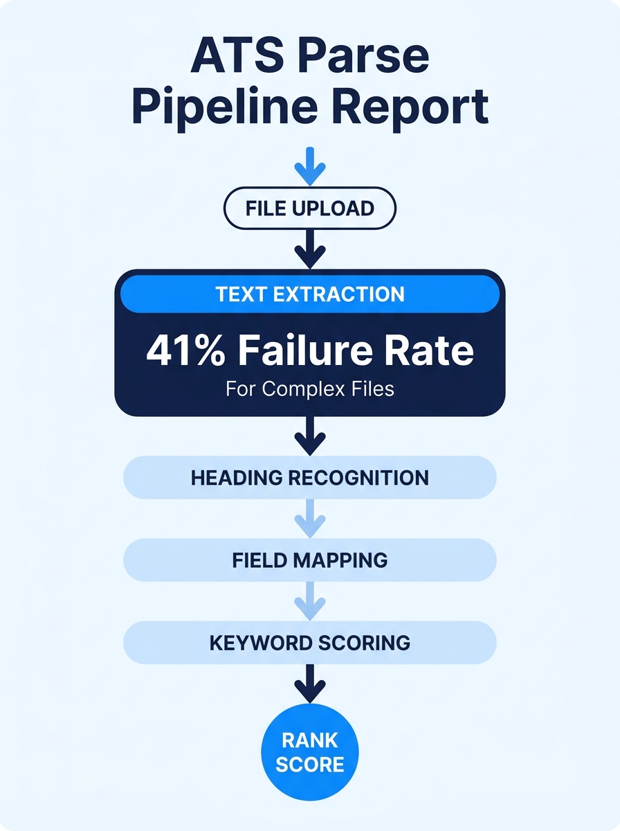 Infographic showing the five-layer ATS parse pipeline from file upload to rank score, with failure rate percentages at each stage — text extraction (41% failure for complex files), heading recognition