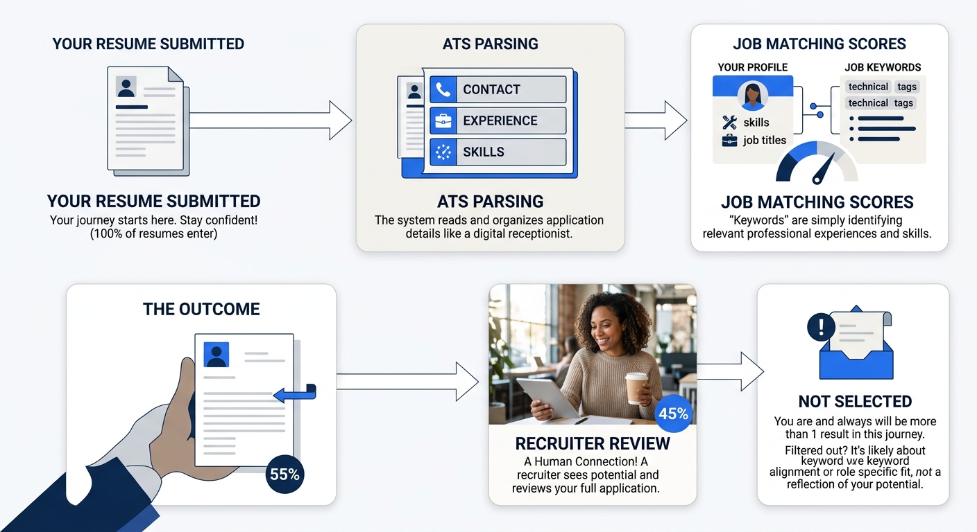 A flowchart showing a resume entering an ATS system, being parsed into structured fields, matched against job keywords, and either advancing to a recruiter or being filtered out, with percentages at e