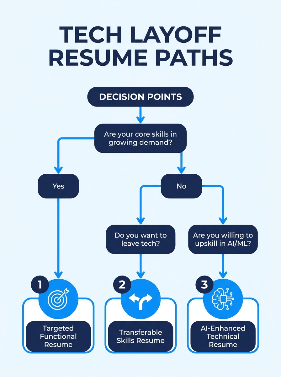 infographic comparing three resume strategy paths for laid-off tech workers, showing a flowchart with decision points like "Are your core skills in growing demand?", "Do you want to leave tech?", and