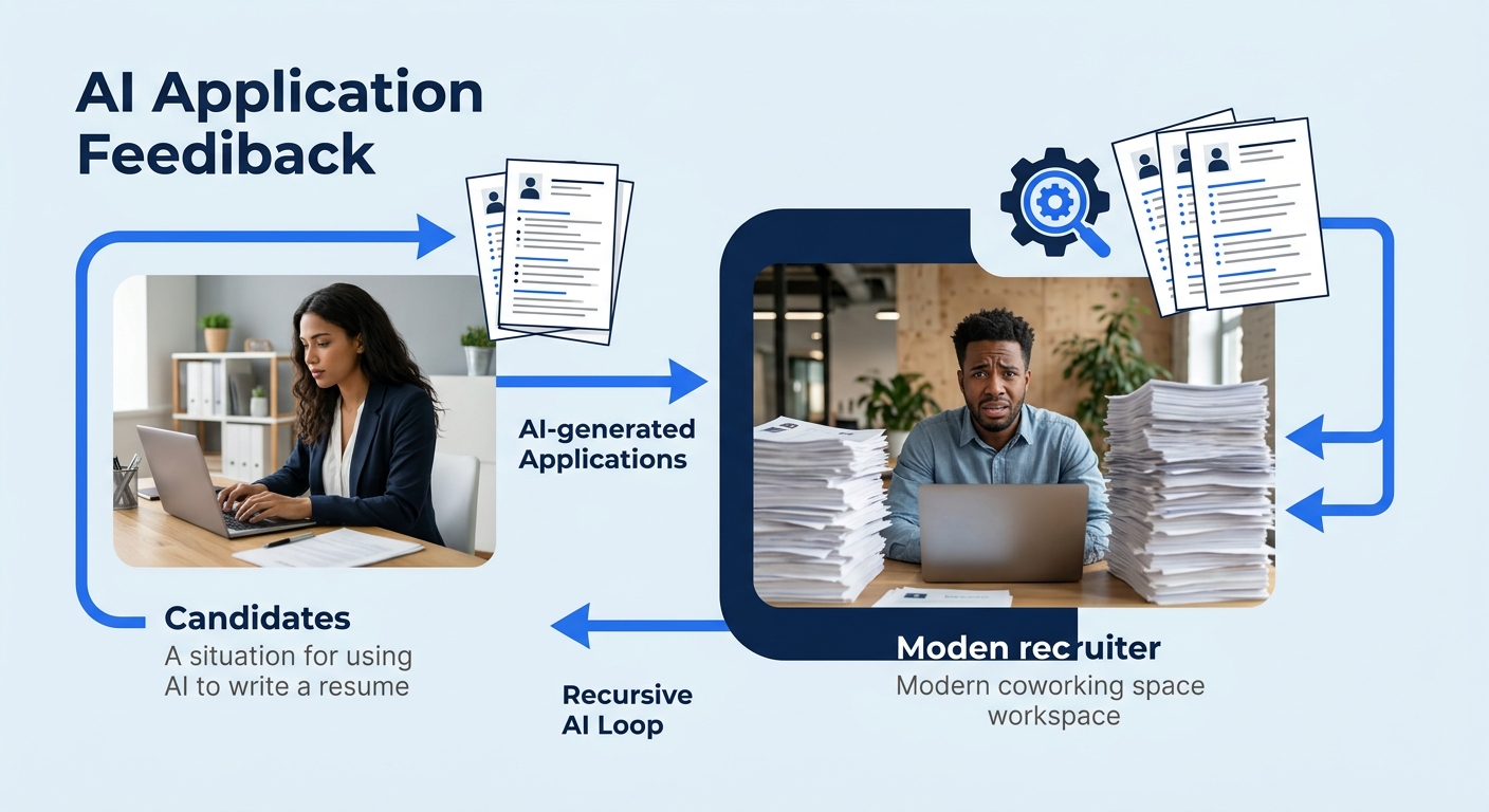 A conceptual illustration showing the AI application feedback loop with candidates using AI to write resumes on one side feeding into AI screening systems on the other side, with a human recruiter ove