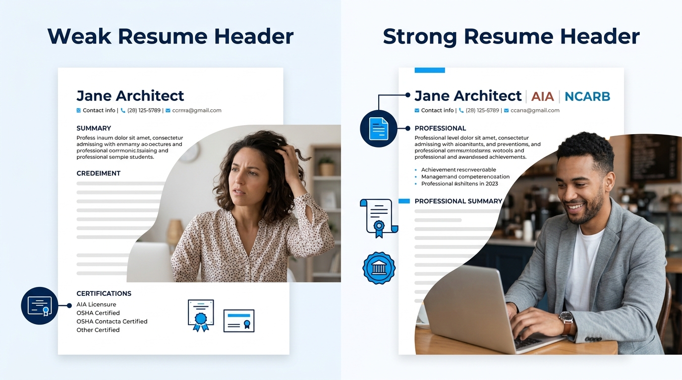 An infographic comparing two architect resume headers side by side — one labeled "Weak" showing AIA licensure buried in a certifications section at the bottom of the page, and one labeled "Strong" sho