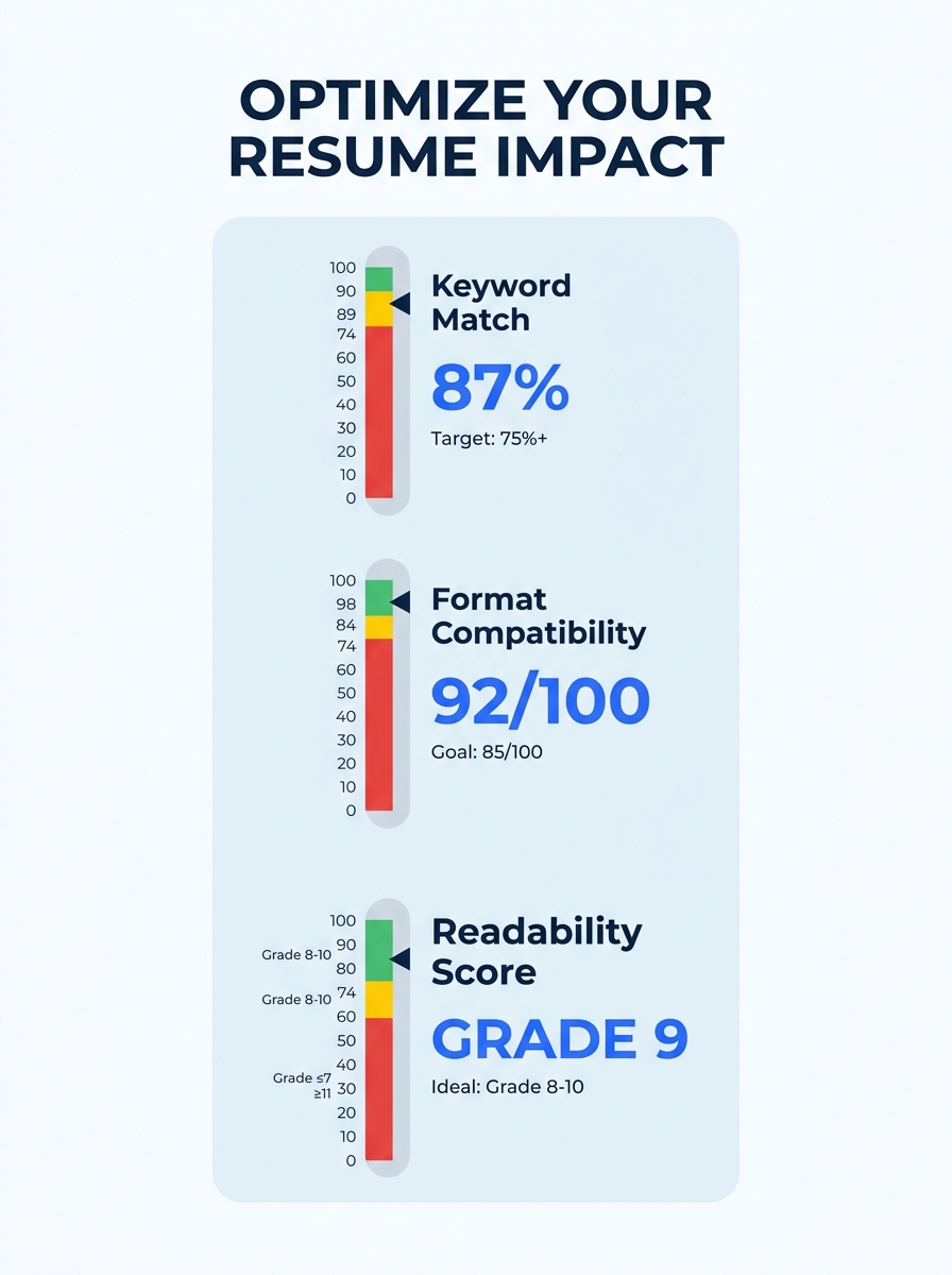 Infographic showing three vertical columns labeled "Keyword Match," "Format Compatibility," and "Readability Score," each with a 0-100 scale, green/yellow/red zones, and specific threshold numbers (75