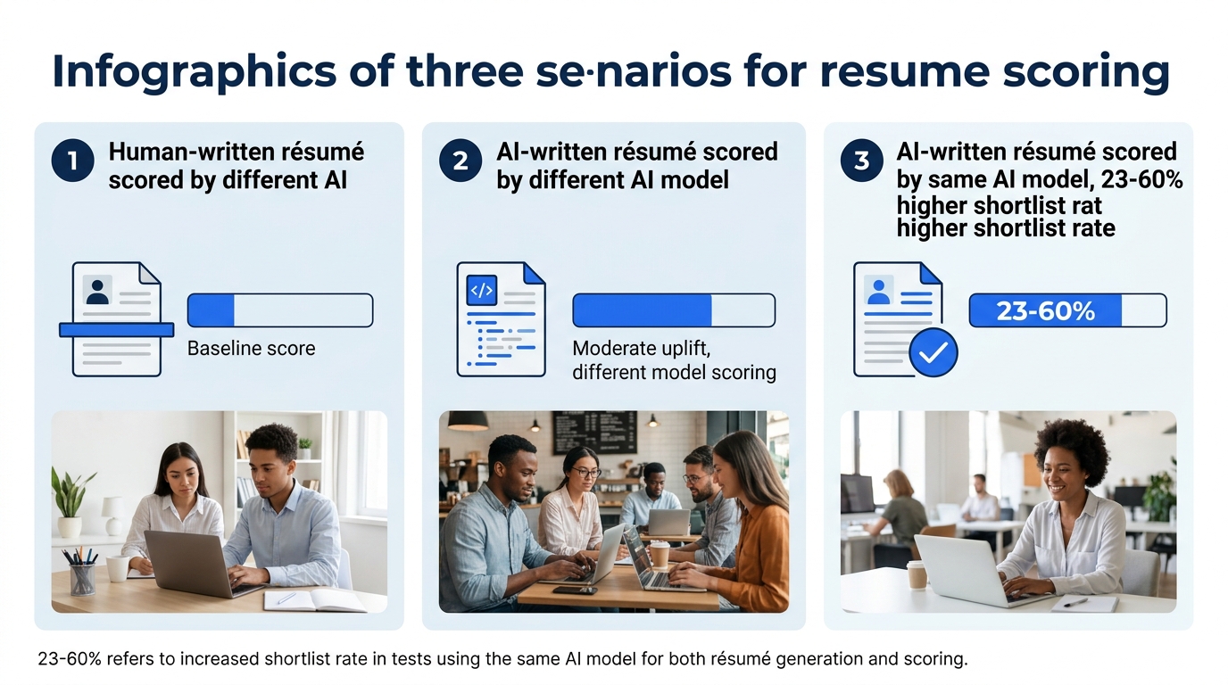 Infographic comparing three scenarios side by side with résumé icons - human-written résumé scored by AI at baseline, AI-written résumé scored by different AI model at moderate uplift, and AI-written