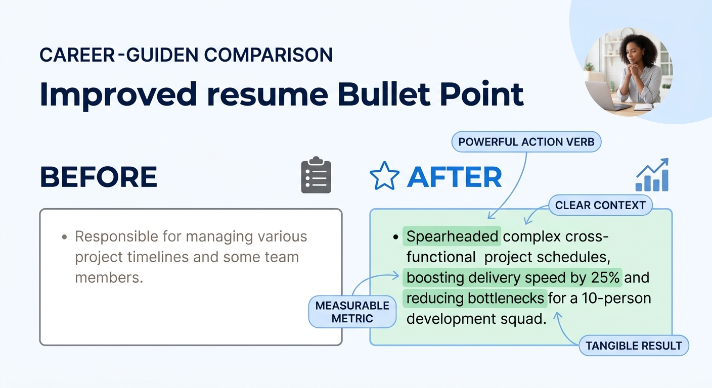 Side-by-side comparison showing a before resume bullet point in plain gray text next to an after version highlighted in green, with labeled annotations pointing to the action verb, context, metric, an