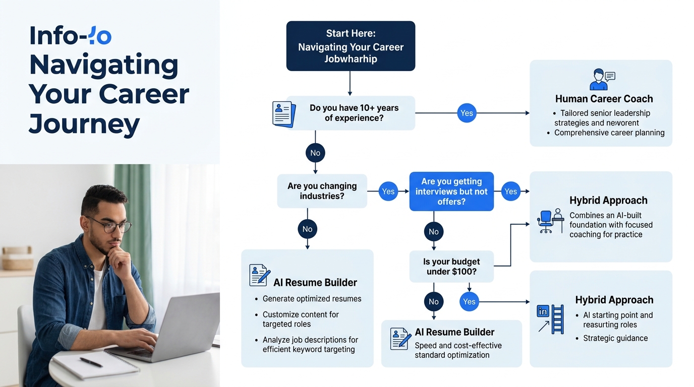 A decision tree flowchart for choosing between AI resume builder, human career coach, or hybrid approach — branching on questions like "Are you changing industries?", "Is your budget under $100?", "Do