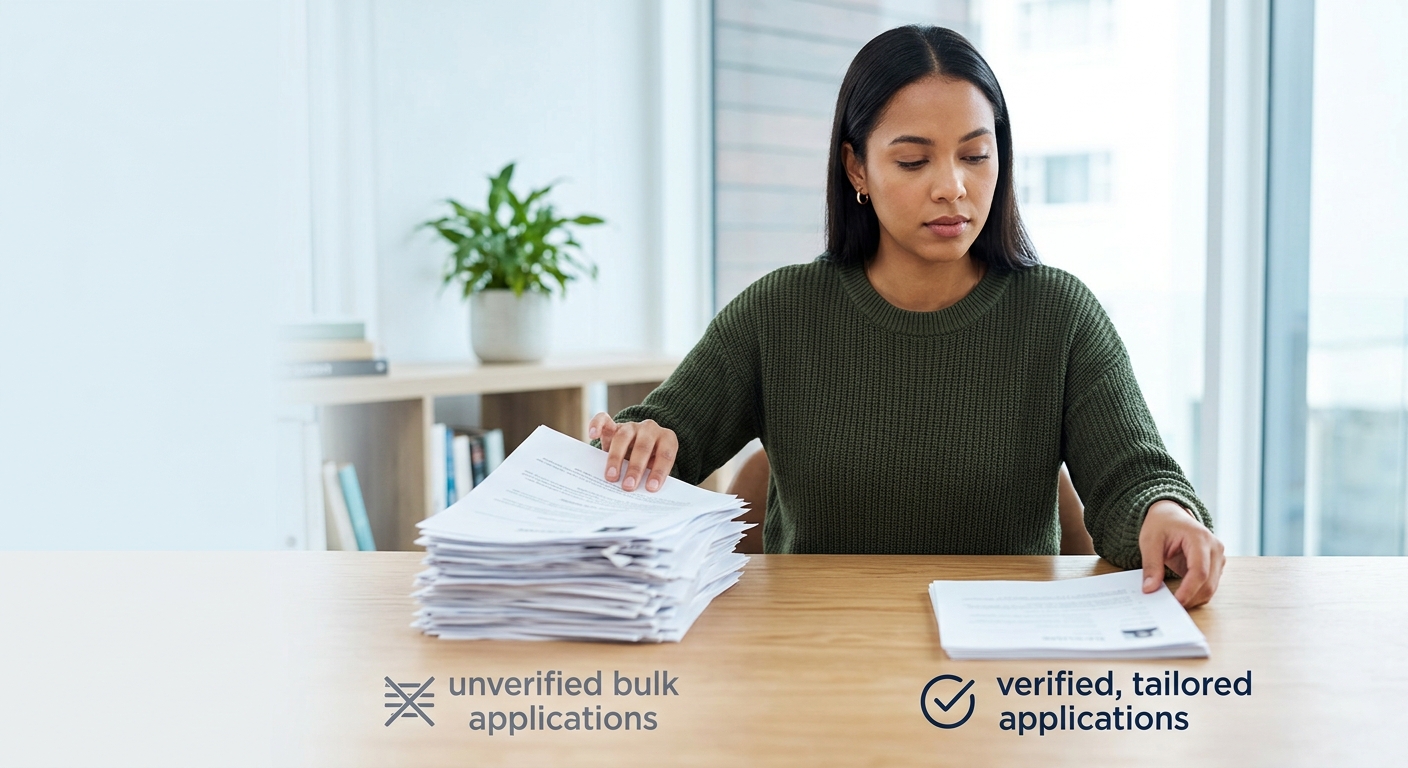 A person at a desk with two stacks of printed resumes — a tall stack labeled "unverified bulk applications" being pushed aside, and a short neat stack labeled "verified, tailored applications" being p