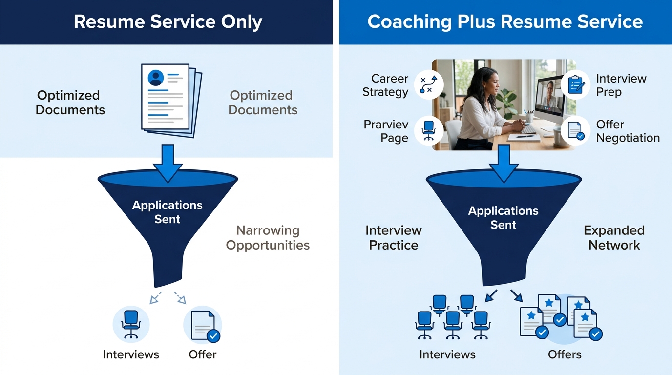 split comparison illustration showing two displaced tech worker paths side by side, one going through resume service only with a narrowing application funnel, another going through coaching plus resum