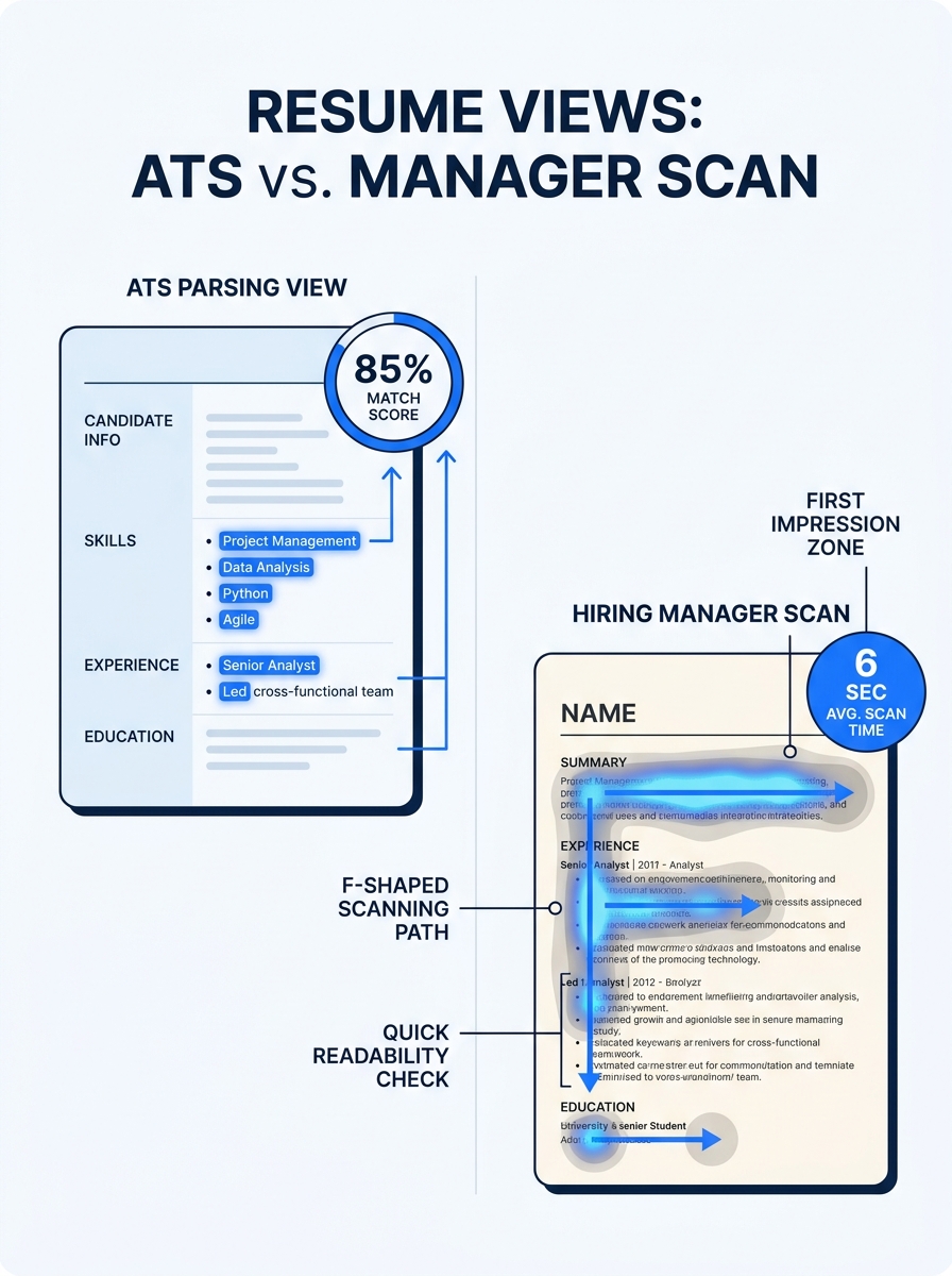 Infographic showing a split-screen comparison — left side displays an ATS parsing view with keyword highlights, match percentage scores, and parsed database fields; right side shows the same resume te