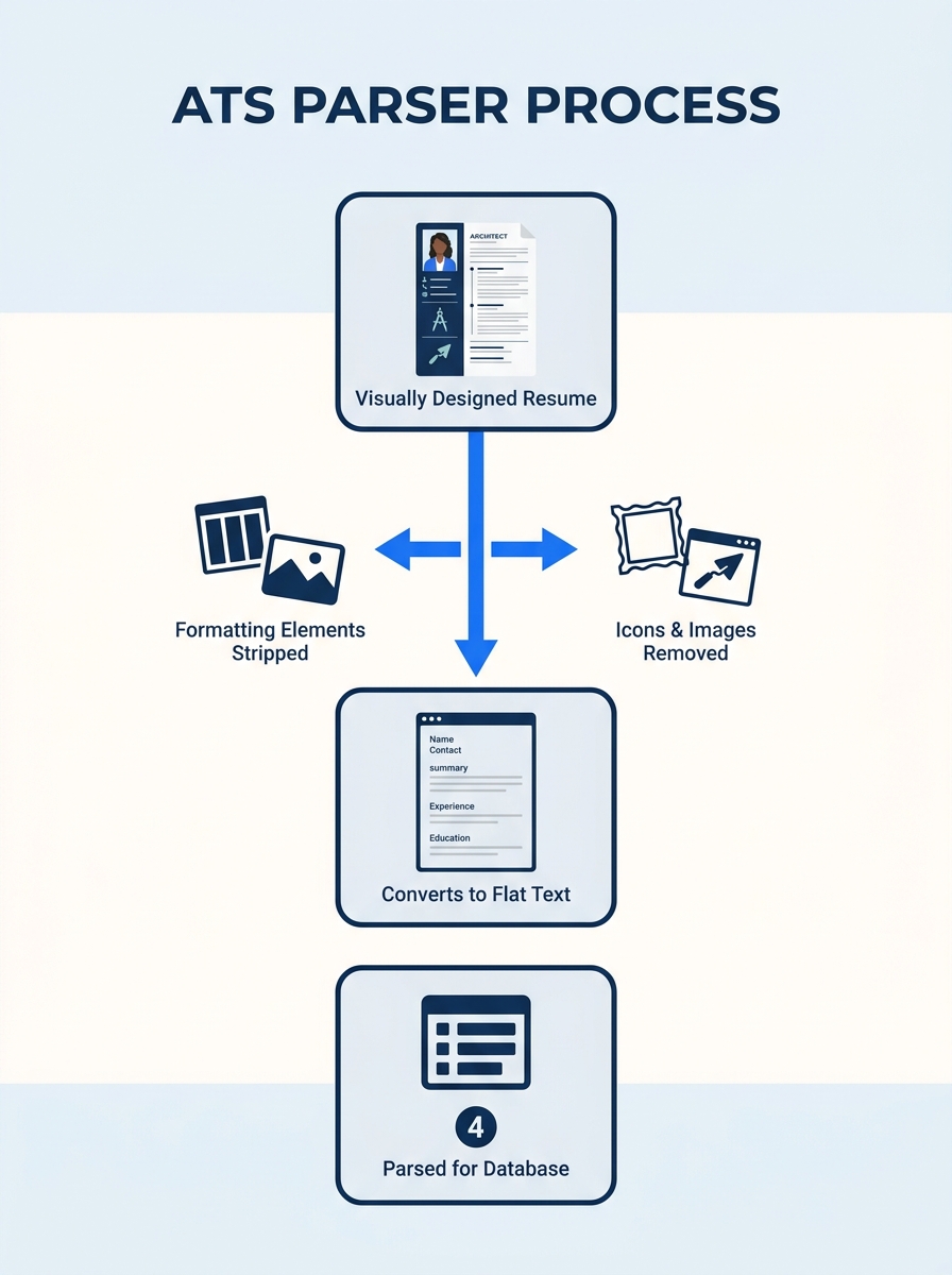 Diagram showing the step-by-step process of an ATS parser converting a visually designed architect resume into flat text fields, with arrows showing where formatting elements like columns, images, and