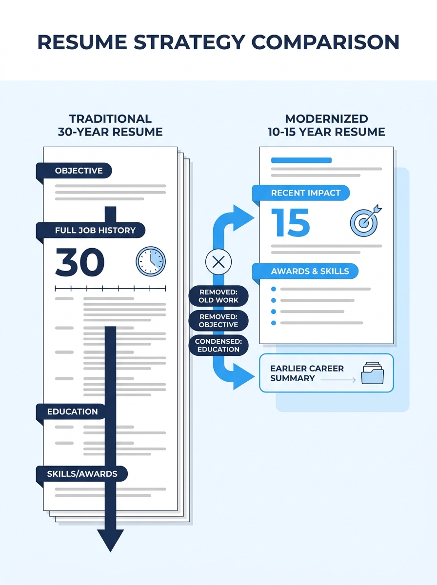 Infographic showing a side-by-side comparison of a 30-year full work history resume versus a modernized 10-15 year resume with a single "Earlier Career" summary line at the bottom, highlighting which