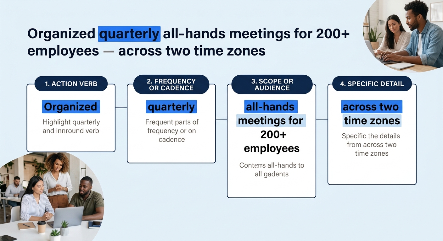 A visual showing a resume bullet being deconstructed into four labeled components — action verb, frequency or cadence, scope or audience, and specific detail — using the example "Organized quarterly a