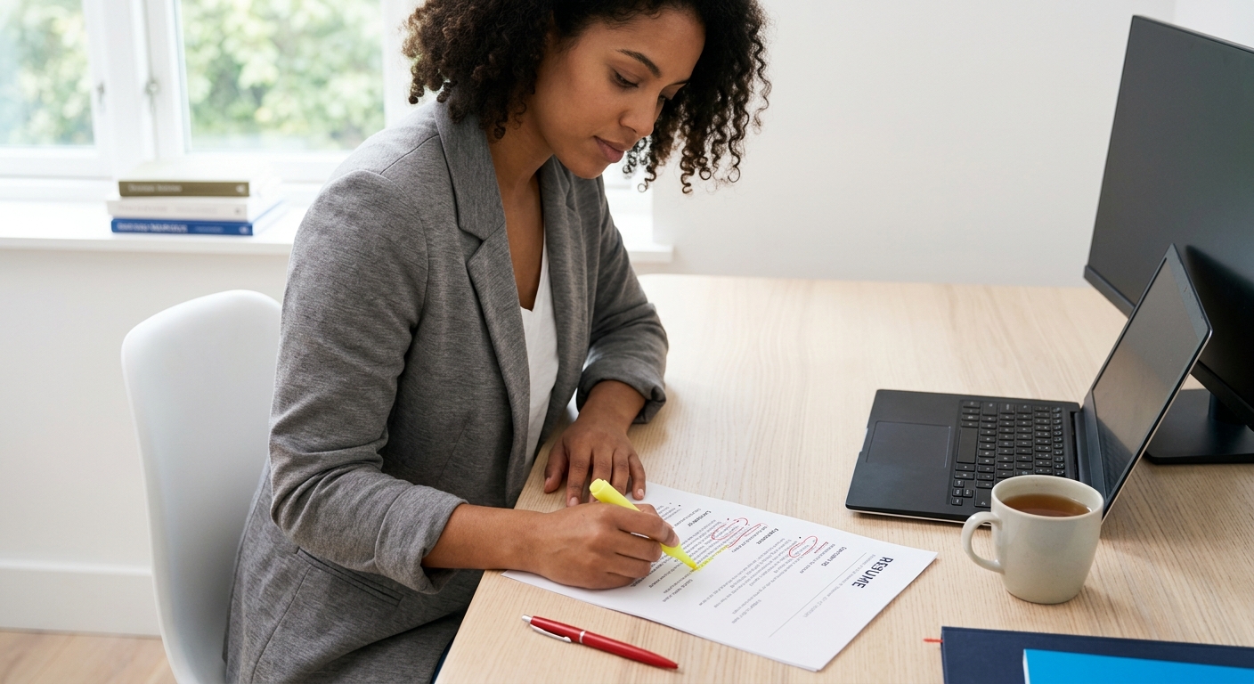 A person sitting at a desk with a printed resume, using a yellow highlighter to mark the first word of each bullet point, with some bullets circled in red indicating passive constructions that need re
