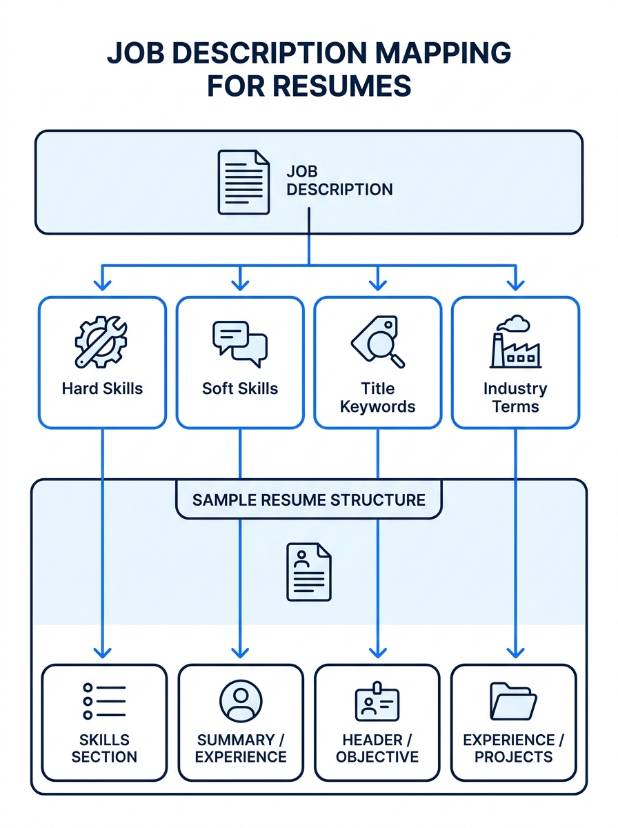Infographic showing how a job description gets segmented into hard skills, soft skills, title keywords, and industry terms, with arrows pointing to where each category maps on a sample resume