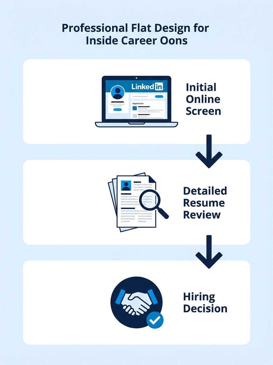Recruiter reviewing LinkedIn profile on laptop screen alongside printed resume