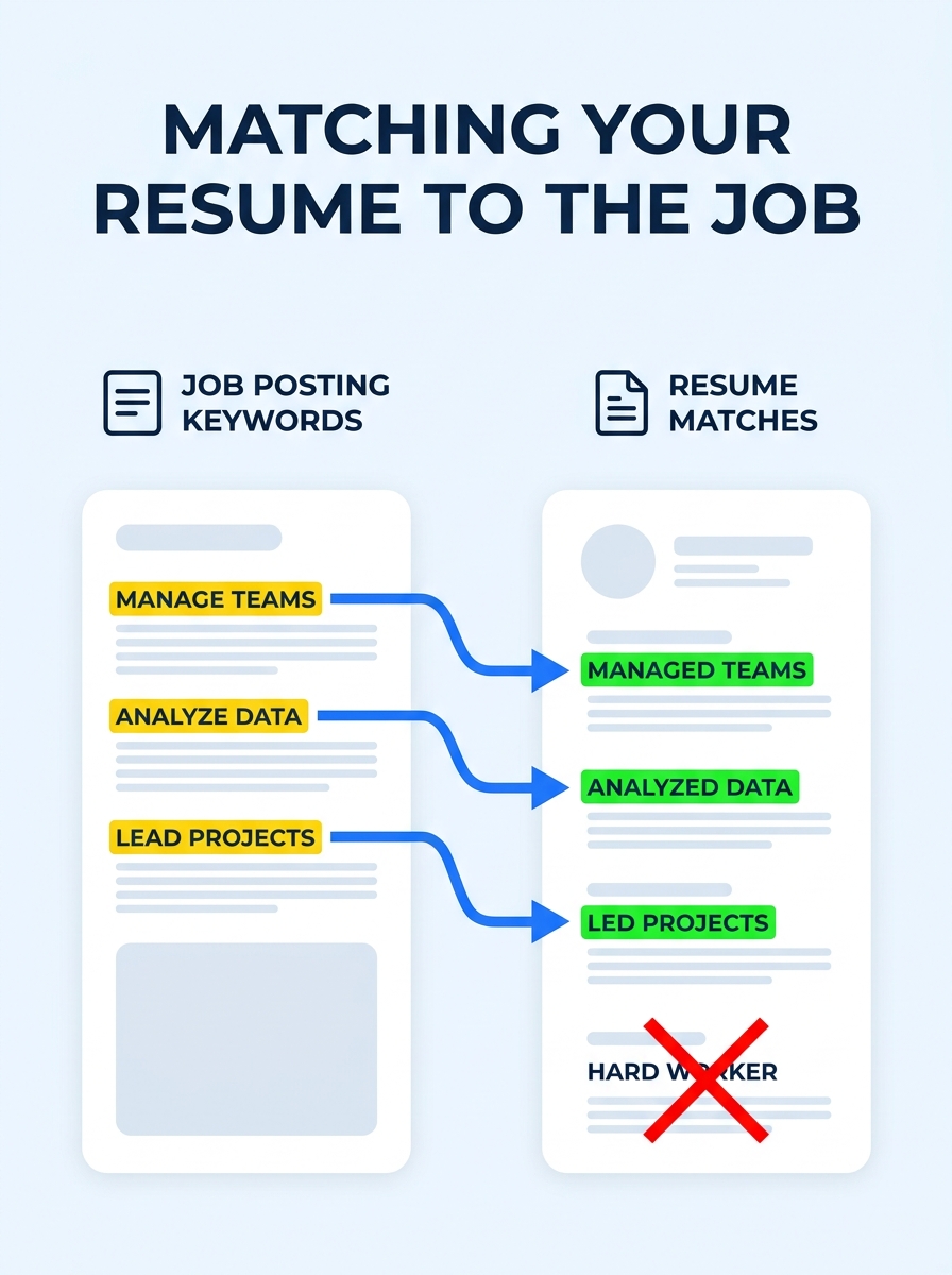 Infographic showing a job posting on the left with key verbs and phrases highlighted in yellow, connected by arrows to a resume on the right where matching verbs are highlighted in green, with mismatc