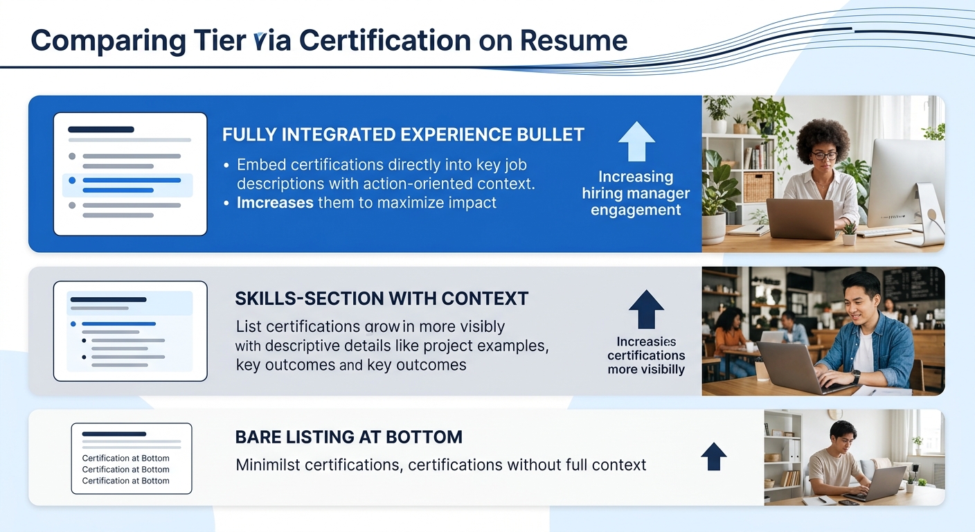 An infographic comparing three tiers of certification presentation on a resume, showing bare listing at bottom tier, skills-section with context at middle tier, and fully integrated experience bullet