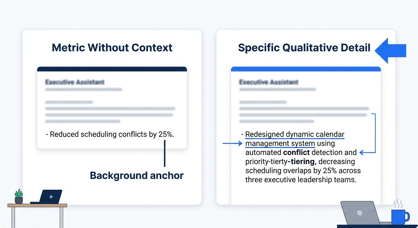 A side-by-side comparison of two resume bullets for an executive assistant — one labeled "Metric Without Context" showing "Reduced scheduling conflicts by 25%" and one labeled "Specific Qualitative De