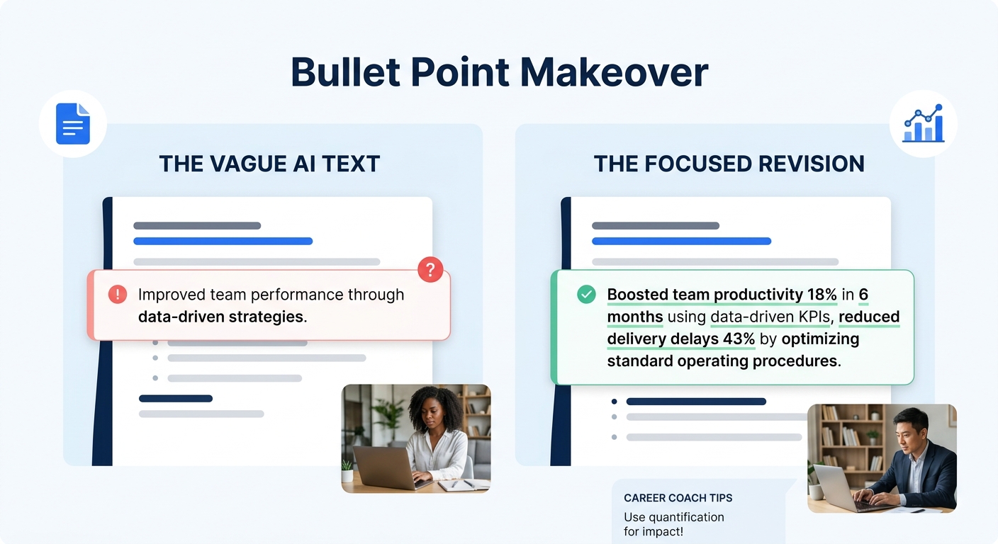 side-by-side comparison showing a vague AI-generated resume bullet on the left reading "Improved team performance through data-driven strategies" and a revised version on the right with specific metri