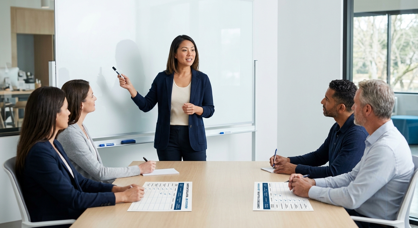 a career changer standing confidently at a whiteboard in an interview room with a panel of four seated interviewers, with visible structured scorecard sheets on the table showing competency columns be