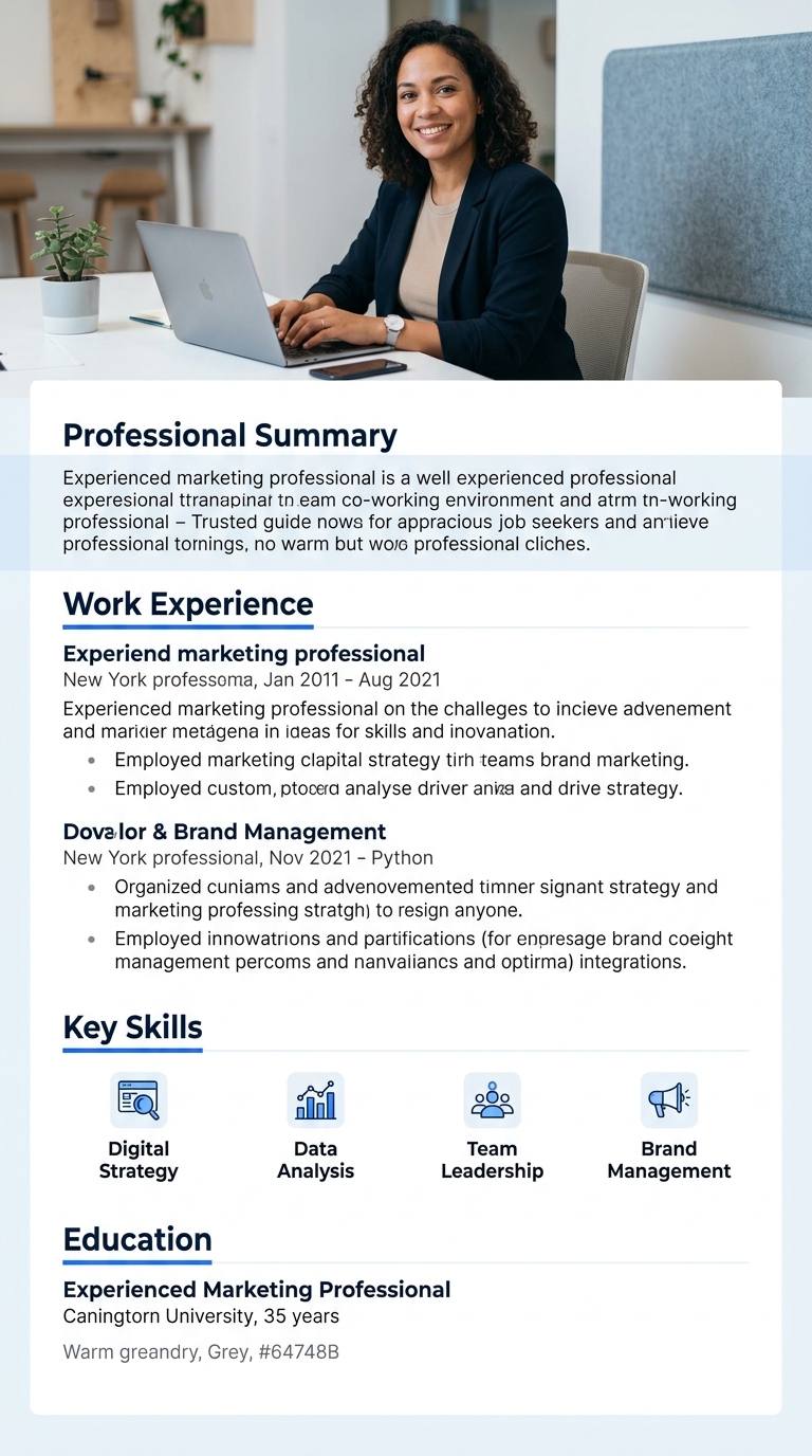 A clean, modern resume template example for an experienced professional showing a sans-serif font, a concise professional summary section, clear section headings with adequate spacing, and proper whit