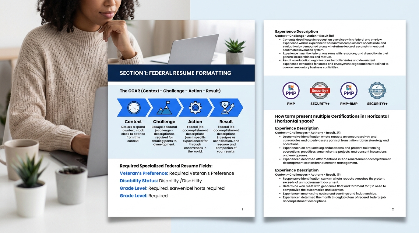 A realistic mockup of a two-page federal resume PDF layout showing proper margins, font sizes, horizontal certification listing, and CCAR-formatted bullet points with required federal fields highlight