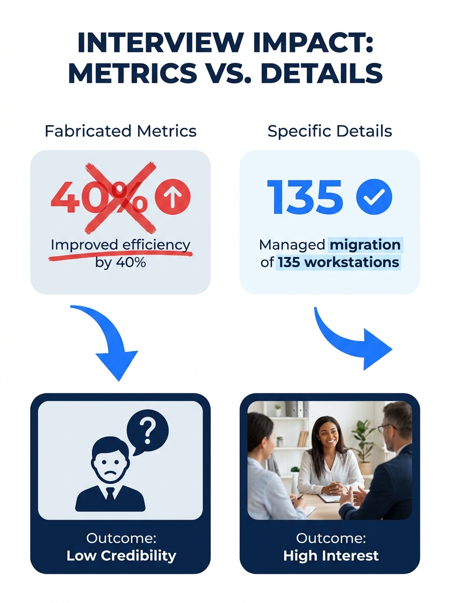 An infographic comparing two columns — left side shows "Fabricated Metrics" with examples like "Improved efficiency by 40%" crossed out in red, right side shows "Specific Details" with examples like "