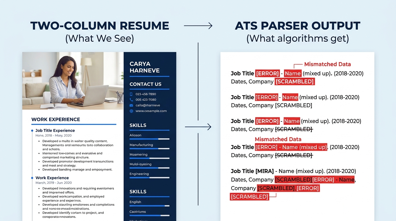 Side-by-side comparison showing a visually appealing two-column resume template on the left, and the scrambled flat text output an ATS parser produces from it on the right, with mismatched data highli