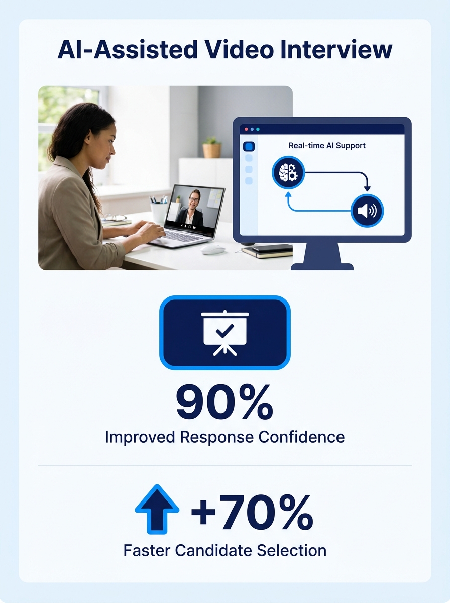 Job seeker using laptop during video interview with AI assistance visible on second screen