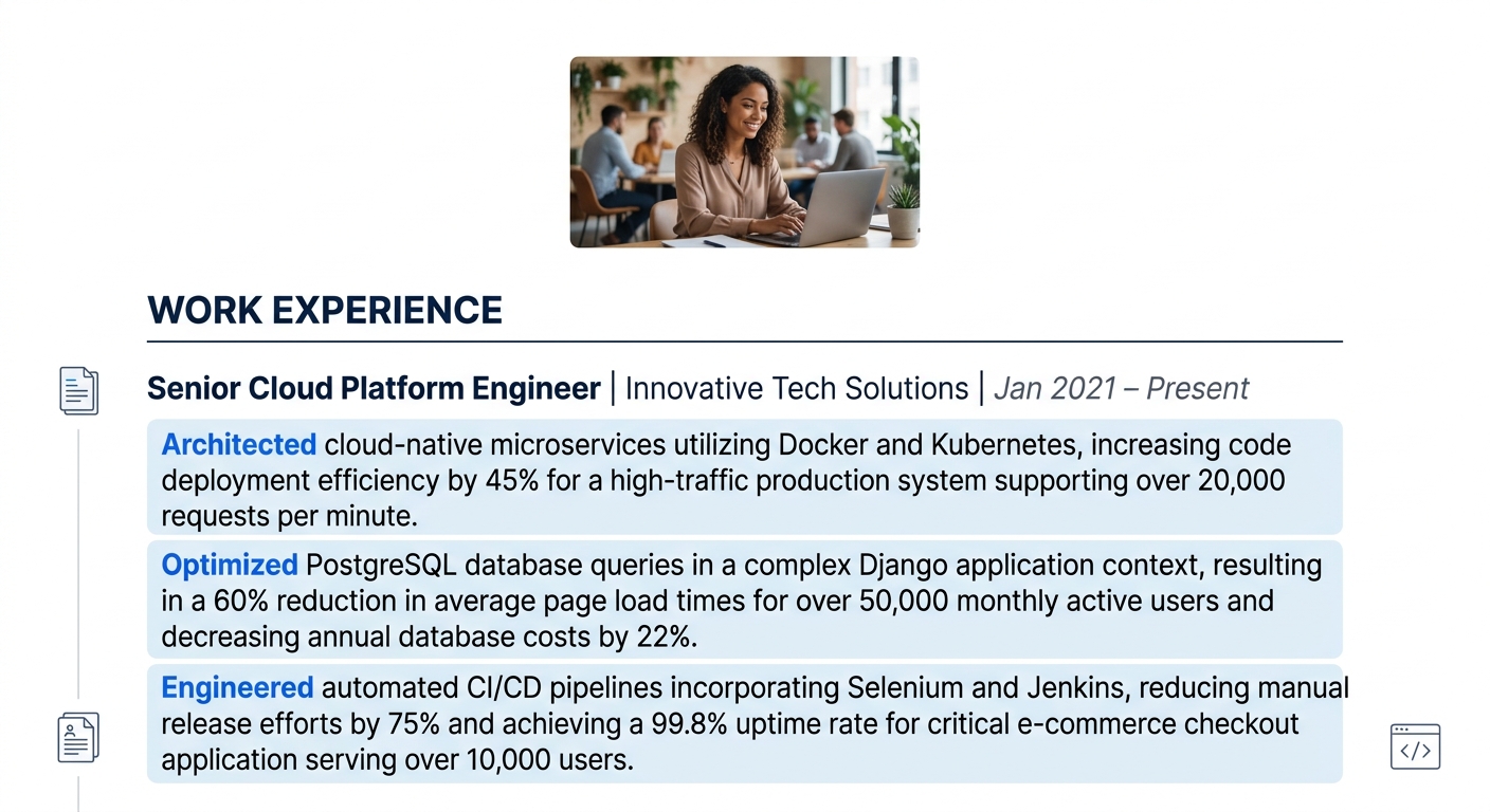 A clean resume excerpt showing a Work Experience section for a software engineer with three well-crafted bullet points, each demonstrating the Action + Technology + Impact + Scope formula with differe