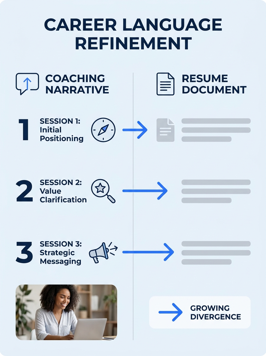 A split-screen infographic showing two parallel timelines — one labeled "Coaching Narrative" showing progressive refinement of career positioning language over four sessions, and one labeled "Resume D