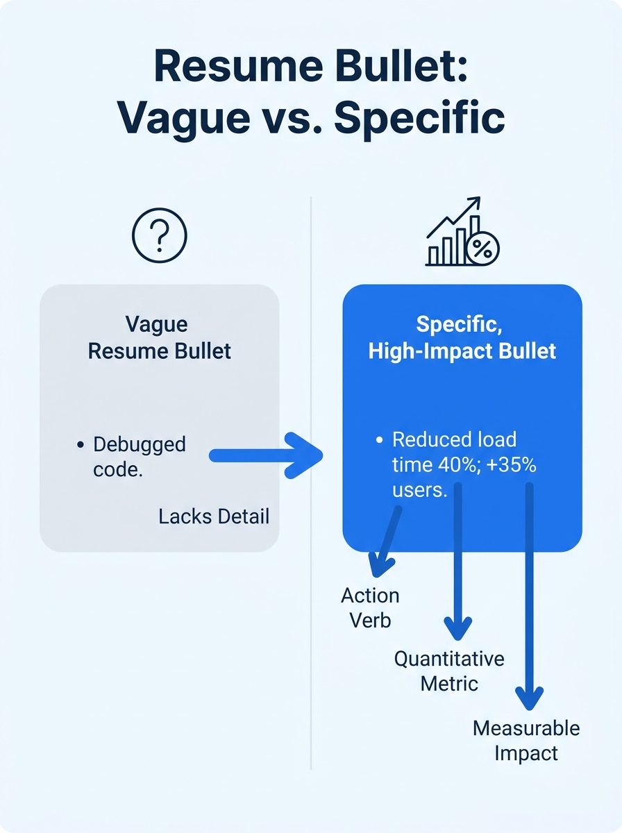A side-by-side comparison showing a vague debugging resume bullet on the left and a specific, metric-rich version on the right, with arrows highlighting the missing elements in the vague version