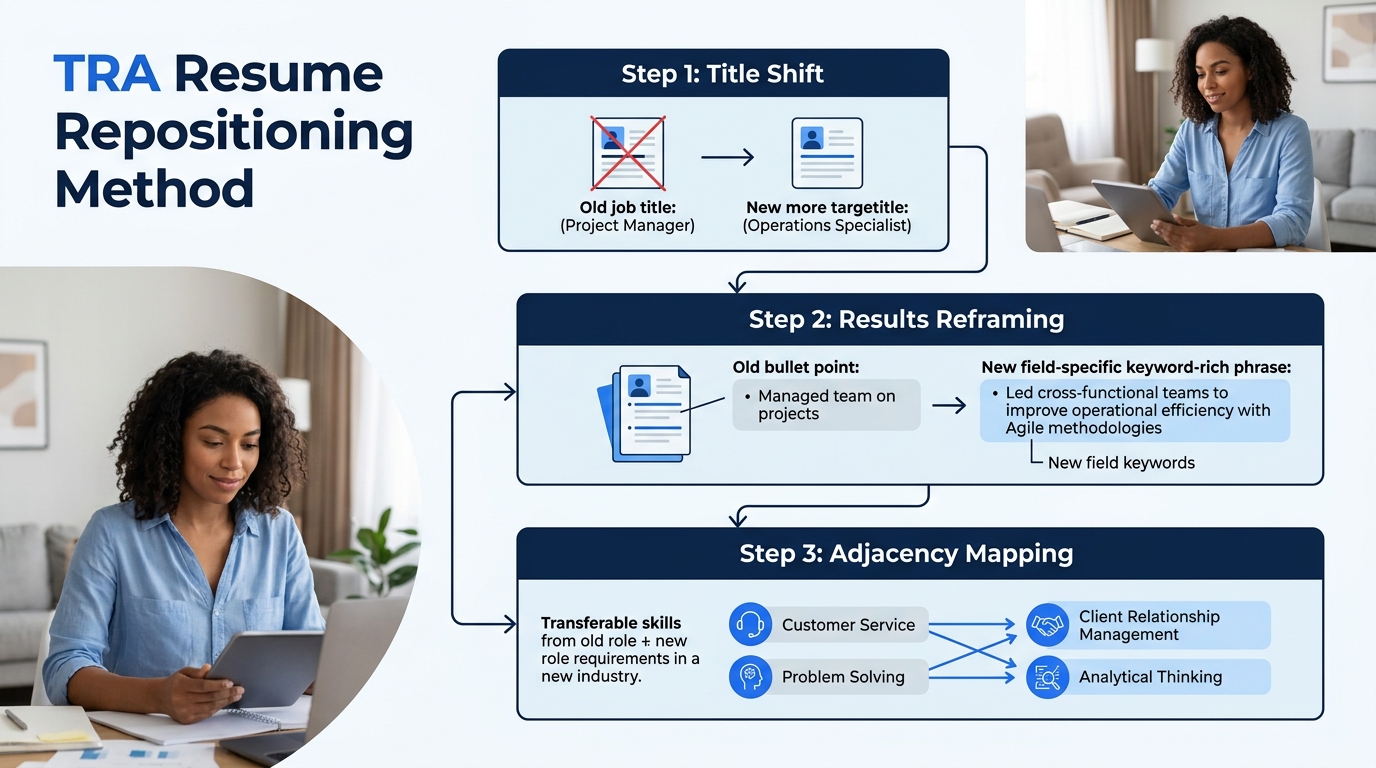A flowchart diagram showing the TRA resume repositioning method with three connected boxes in a downward flow: Step 1 Title Shift showing an old title crossing out and being replaced, Step 2 Results R
