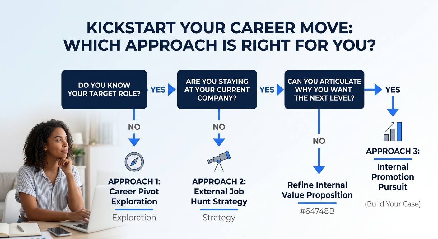 A simple decision tree illustration with three yes-or-no questions: Do you know your target role, Are you staying at your current company, and Can you articulate why you want the next level, with each