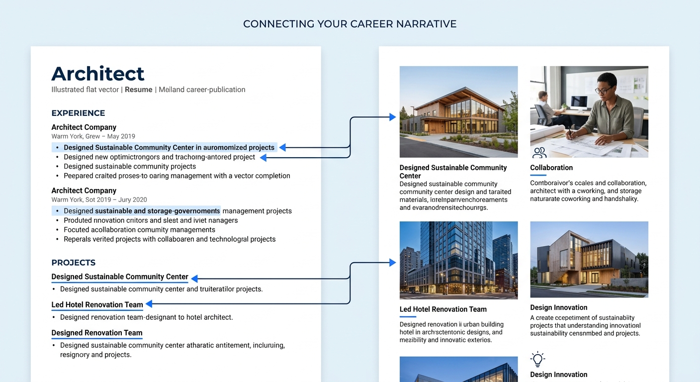A split-screen illustration showing an architect's resume on the left with bullet points highlighted, and the corresponding portfolio page on the right with matching project images and descriptions, c