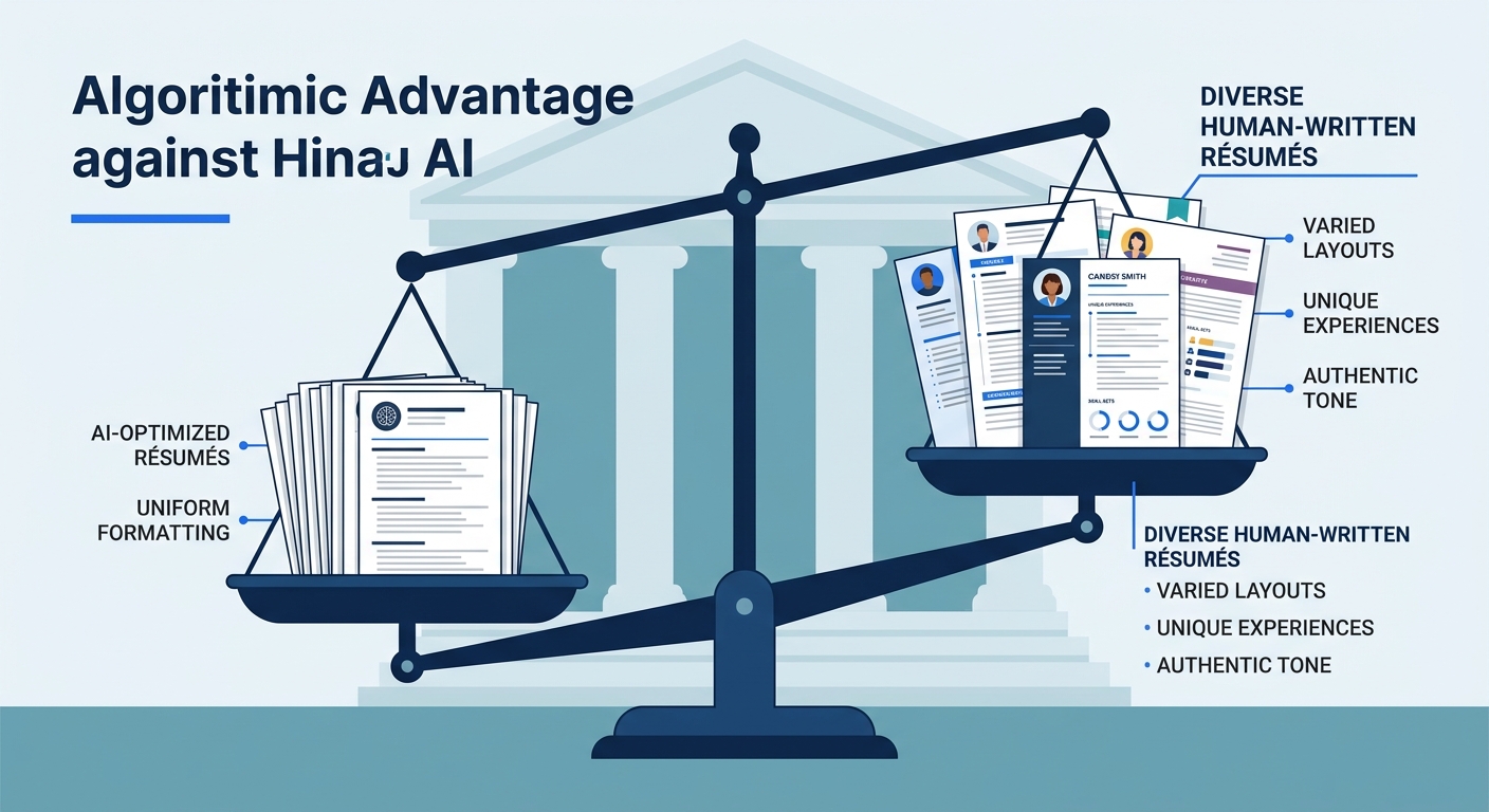 Professional illustration showing a balance scale - one side holds a stack of AI-optimized résumés with identical formatting, the other side holds a diverse set of human-written résumés with varied la