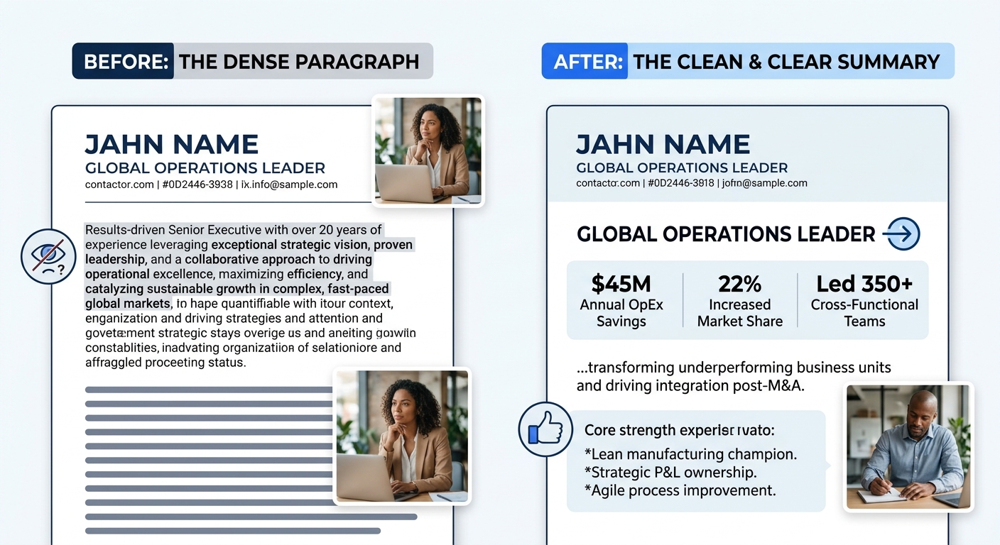 A before-and-after comparison of an executive resume top fold, showing the header and summary section — the before version has a dense paragraph of buzzwords in gray text, the after version has a clea