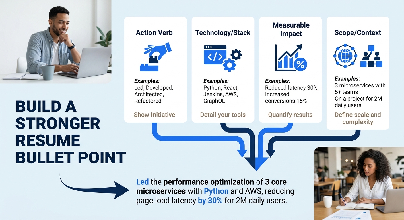 Infographic showing the developer resume specificity formula — four labeled components (Action Verb, Technology/Stack, Measurable Impact, Scope/Context) with example bullet points demonstrating each e