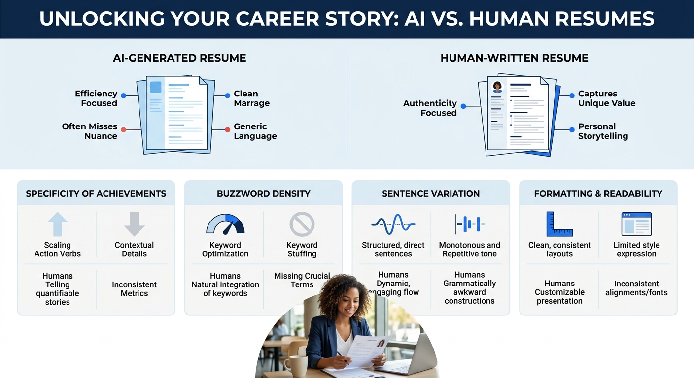 Infographic comparing characteristics of AI-generated resumes versus human-written resumes across five dimensions — specificity of achievements, buzzword density, sentence variation, formatting consis