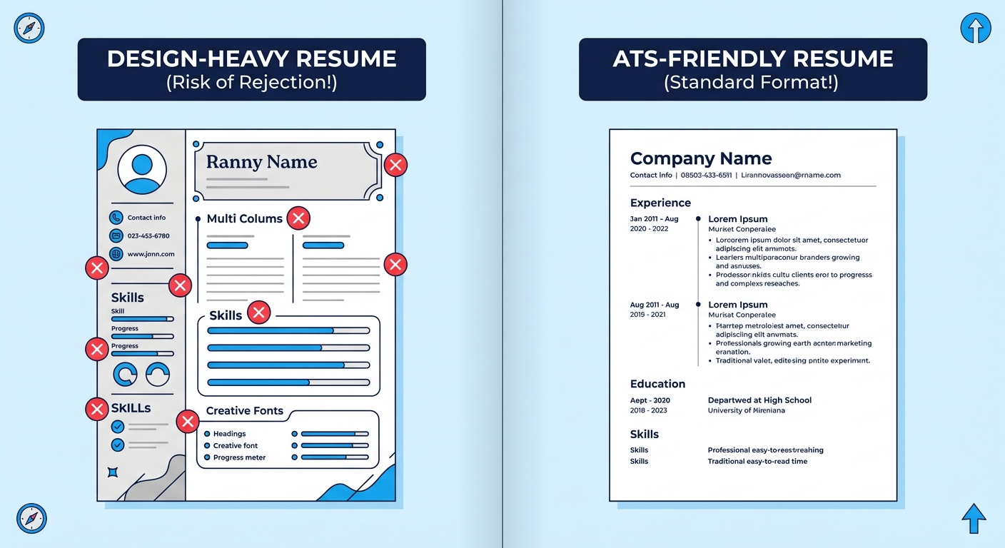 a side-by-side comparison of a visually designed resume with columns, icons, and graphics versus a clean, ATS-friendly resume with standard headings and simple formatting, with red X marks on problema