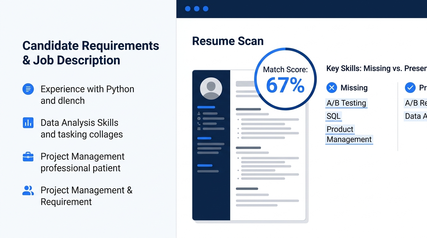 a screenshot-style illustration of a resume scanning tool interface showing a job description on the left, a resume on the right, a match percentage score of 67%, and highlighted keywords that are mis