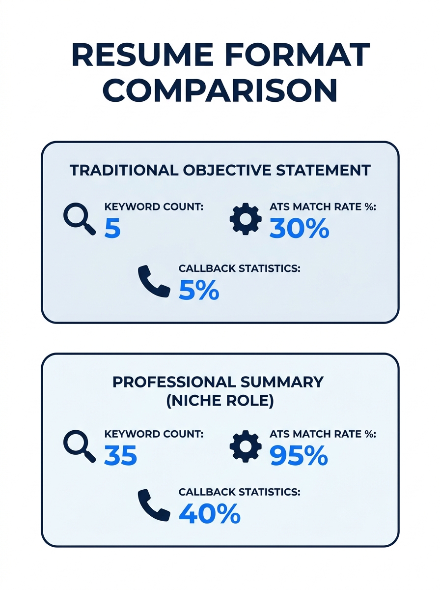 Infographic comparing a traditional resume objective statement side-by-side with a professional summary for a niche role, showing keyword count, ATS match rate percentages, and callback statistics for