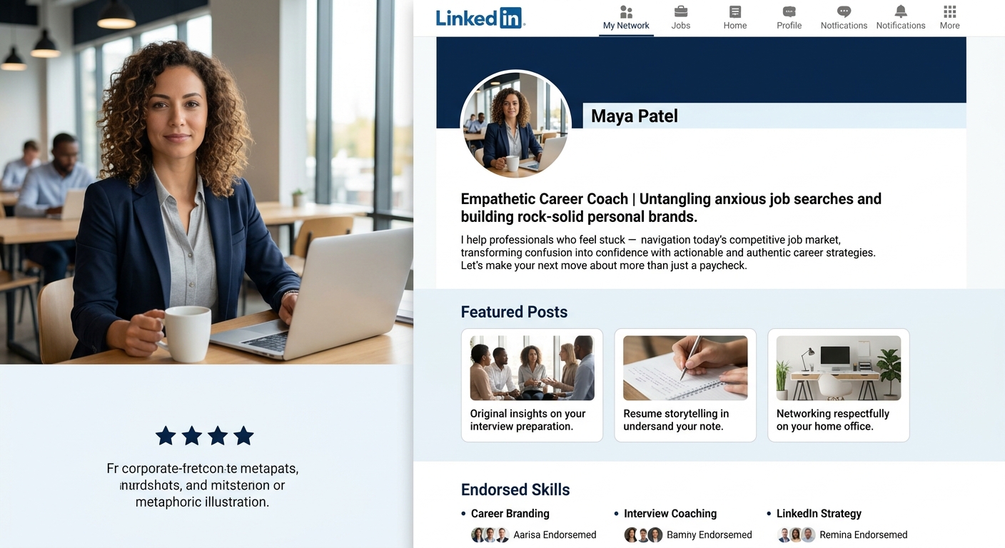 A professional profile mockup showing a LinkedIn page with a specific headline, a personal summary with distinct voice, featured posts about their industry, and skills endorsements — illustrating what