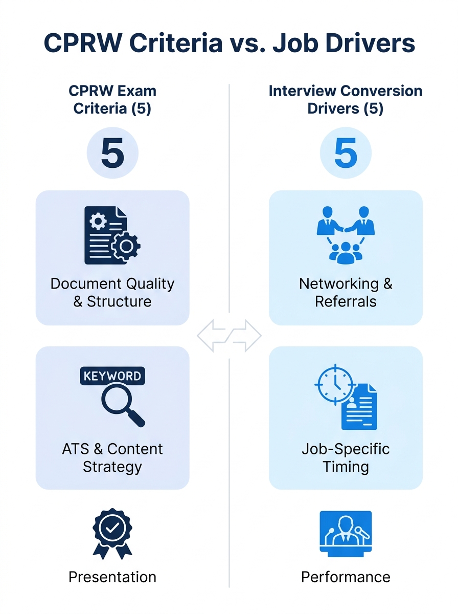 infographic comparing the five CPRW exam criteria (structure, content strategy, writing quality, ATS compliance, accomplishment presentation) against the actual factors that drive interview conversion