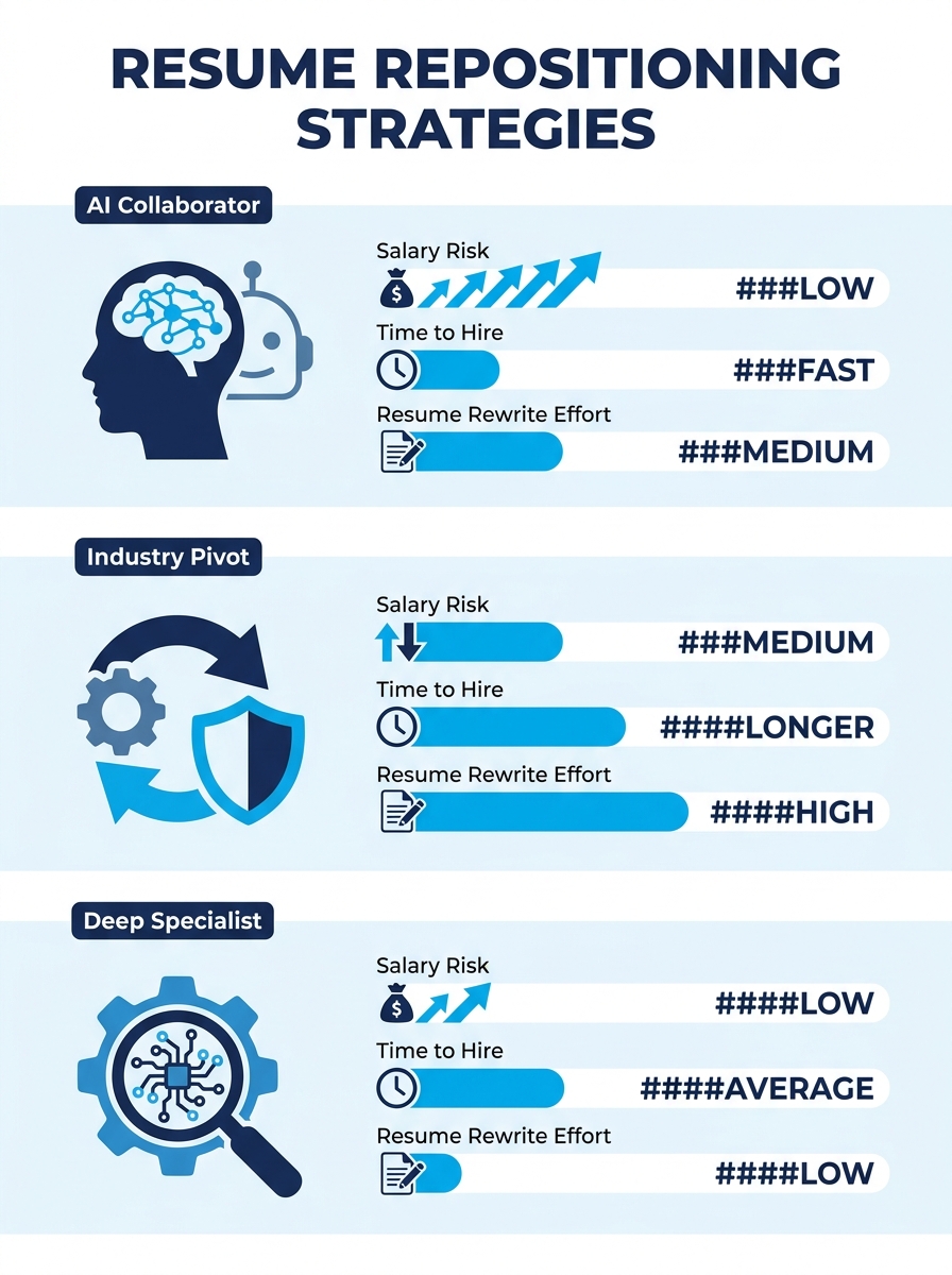infographic comparing three resume repositioning strategies after tech layoffs - AI Collaborator, Industry Pivot, and Deep Specialist - with key attributes like salary risk, time to hire, and resume r