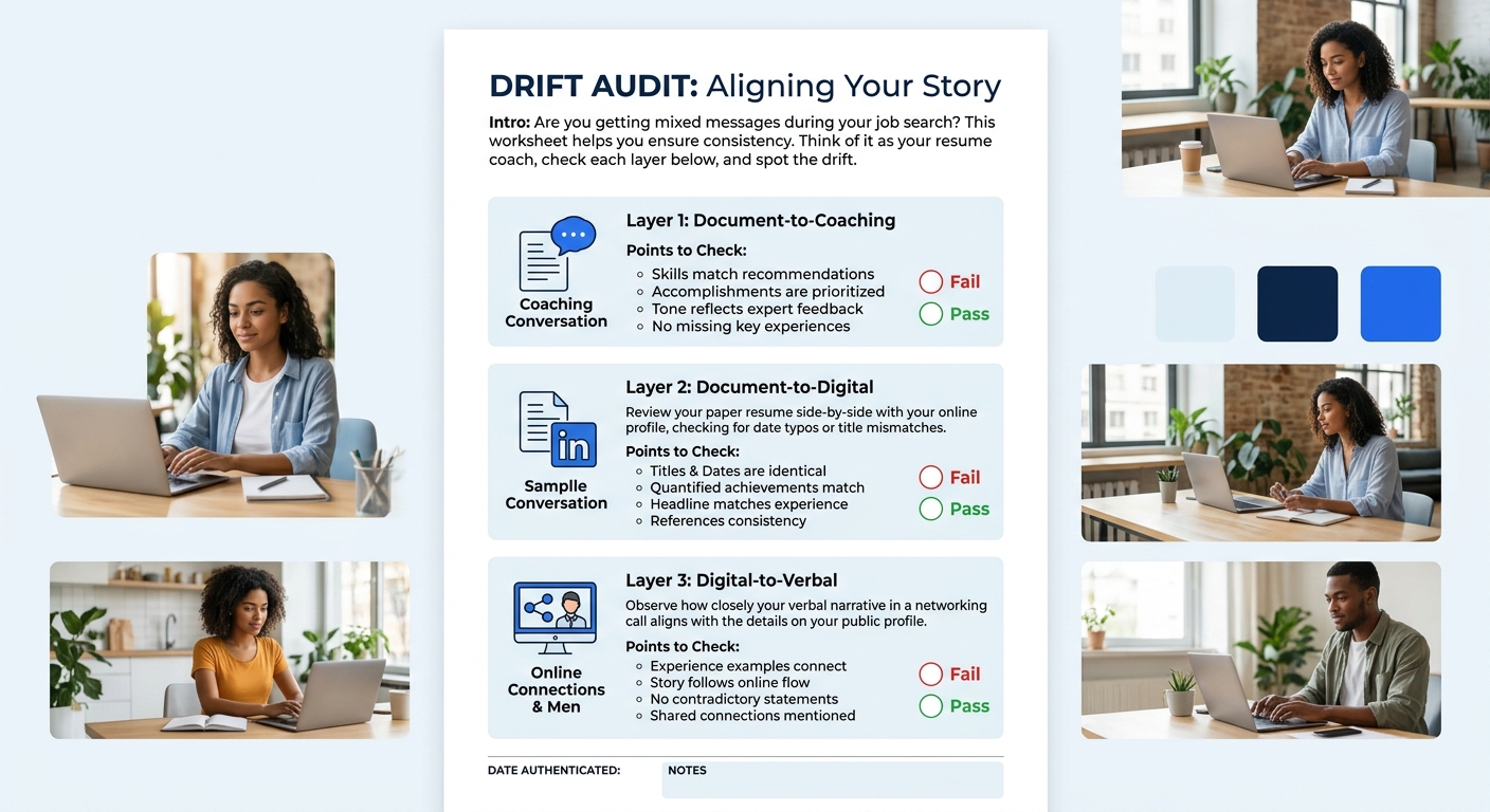 A checklist-style visual showing the three layers of the Drift Audit — Document-to-Coaching, Document-to-Digital, Digital-to-Verbal — with sample comparison prompts and pass/fail indicators for each l