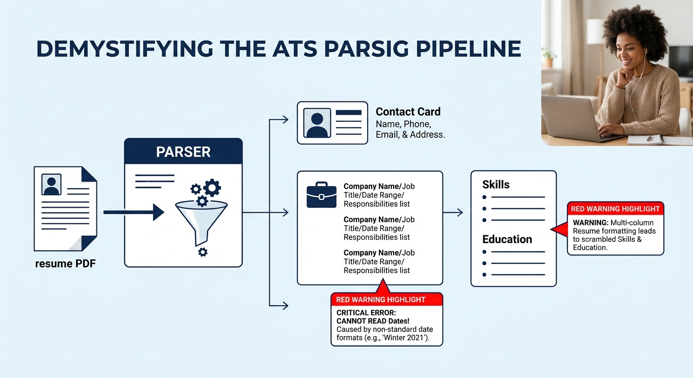 An infographic showing the ATS parsing pipeline — a resume PDF enters a parser, and the extracted output displays contact info fields, work experience sections, skills lists, and education blocks, wit